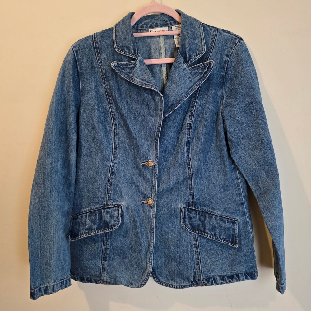 Vintage 90s Faded Glory Denim Blazer Women Medium Blue Stone Wash Casual Jacket